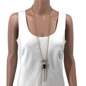 Long Tassel Necklace Black Beaded Accents Layering 34 Inch Length Gold Tone